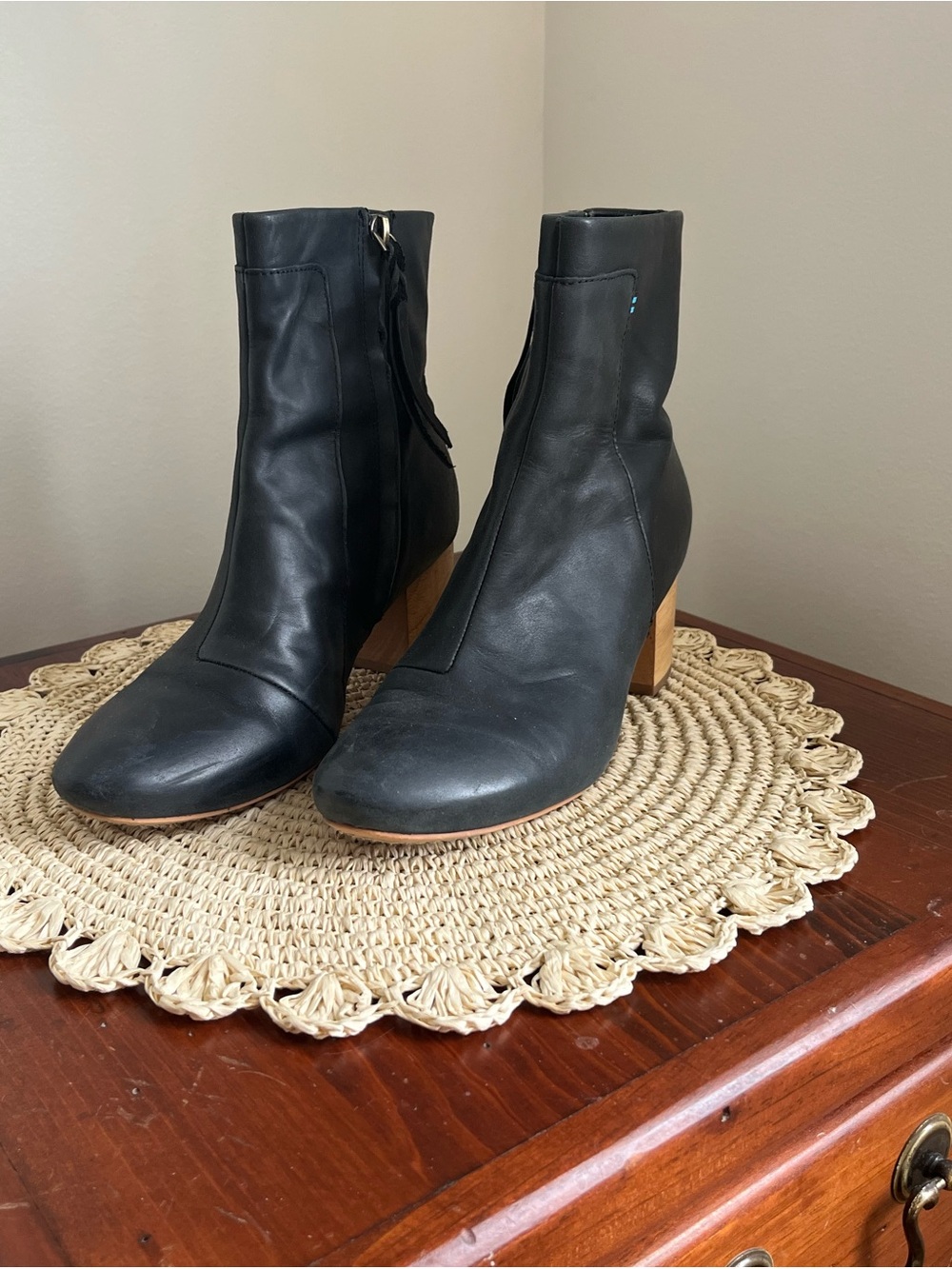 Toms Black Leather Ankle Booties with Tan Block Heel